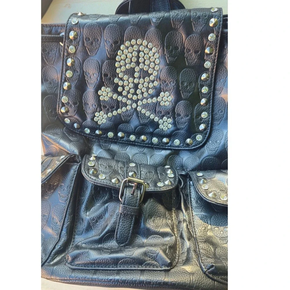 Black‎ Embossed Skull Rhinestone Studded Backpack Gothic Punk Faux Leather Bag